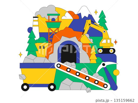 Mining Company Vector Illustration Featuring Heavy Yellow Dumper Trucks for Industrial Sand Mining Transportation Process on Flat Background 135159662