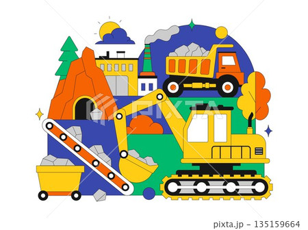 Mining Company Vector Illustration Featuring Heavy Yellow Dumper Trucks for Industrial Sand Mining Transportation Process on Flat Background 135159664