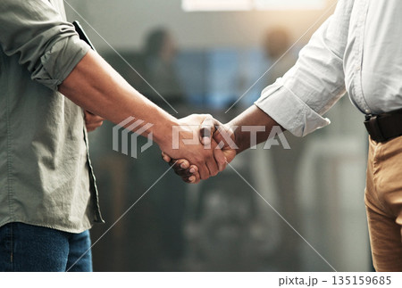 Closeup, cooperation and men with handshake, teamwork and collaboration with promotion, deal and growth. Zoom, professional and staff shaking hands, goals and partnership at consultation and welcome 135159685