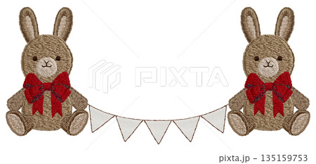 【ウサギのぬいぐるみとガーランド】手刺繍イラスト素材 【ウサギのぬいぐるみとガーランド】手刺繍イラスト素材 135159753