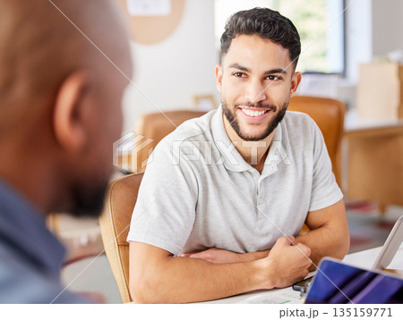 Smile, face and man in internship meeting or training for business, graduate and working in corporate company. Happy, businessman and success in office interview, workshop or conversation with boss Smile, face and man in internship meeting or training for business, graduate and working in corporate company. Happy, businessman and success in office interview, workshop or conversation with boss 135159771