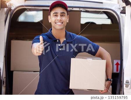 Delivery, thumbs up and portrait of man with box for shipping, logistics and supply chain. Ecommerce, online shopping and male driver with thank you hand sign to deliver package, parcel and order Delivery, thumbs up and portrait of man with box for shipping, logistics and supply chain. Ecommerce, online shopping and male driver with thank you hand sign to deliver package, parcel and order 135159795