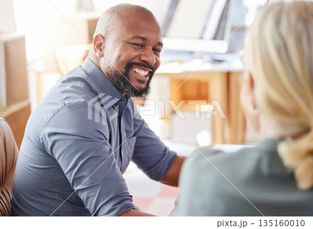 Meeting, face of black man and smile for teamwork, collaboration and working in corporate business with people. Happy, mentor and businessman in office leadership, management or staff support Meeting, face of black man and smile for teamwork, collaboration and working in corporate business with people. Happy, mentor and businessman in office leadership, management or staff support 135160010