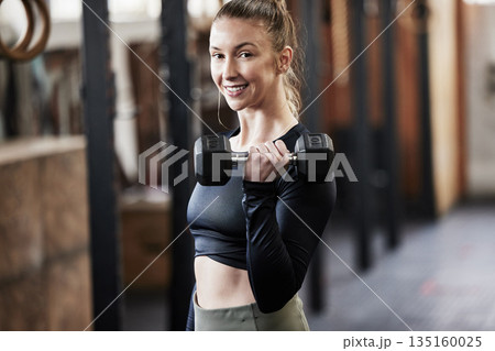 Weights, fitness and portrait of woman in gym for weightlifting, bodybuilder training and strong muscles. Healthy body, sports and face of happy female person for wellness, exercise and workout Weights, fitness and portrait of woman in gym for weightlifting, bodybuilder training and strong muscles. Healthy body, sports and face of happy female person for wellness, exercise and workout 135160025