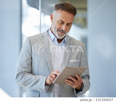 Senior, business man and digital tablet in office for research, communication and planning. Internet, search and elderly male person online for schedule, email and networking plan at startup company Senior, business man and digital tablet in office for research, communication and planning. Internet, search and elderly male person online for schedule, email and networking plan at startup company 135160037
