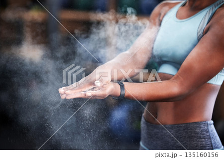 Fitness, start or hands of woman with chalk for training, workout or exercise with dust for grip strength. Body builder, closeup or healthy athlete with talcum powder at gym ready for bodybuilding Fitness, start or hands of woman with chalk for training, workout or exercise with dust for grip strength. Body builder, closeup or healthy athlete with talcum powder at gym ready for bodybuilding 135160156