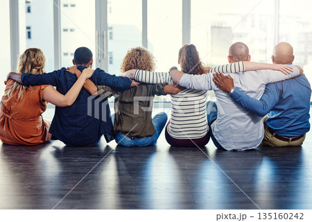 Teamwork, solidarity and hug with back of people for motivation, community and diversity. Support, faith and collaboration with group of friends for trust, gratitude and kindness together 135160242