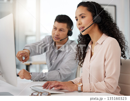 Business people, call center and coaching on computer in customer service, support or telemarketing at office. Businessman training staff or woman in contact us, marketing or telesales at workplace Business people, call center and coaching on computer in customer service, support or telemarketing at office. Businessman training staff or woman in contact us, marketing or telesales at workplace 135160323