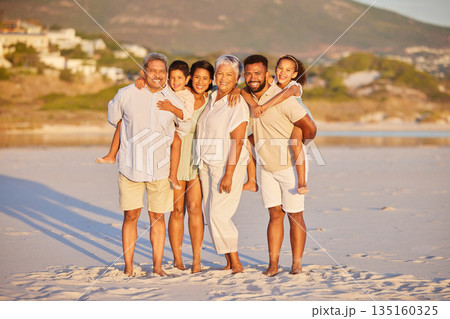 Happy family, grandparents or portrait of kids at beach to relax on holiday vacation together in Mexico. Dad, mom or children siblings love bonding or smiling with grandmother or grandfather at sea 135160325