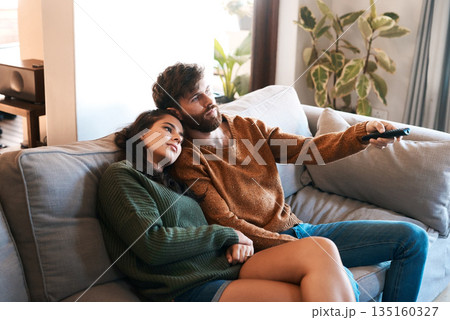 Love, home and relax couple watching tv show, subscription movie or streaming entertainment in living room. Bond, media remote or marriage people watch television, film or video in apartment lounge Love, home and relax couple watching tv show, subscription movie or streaming entertainment in living room. Bond, media remote or marriage people watch television, film or video in apartment lounge 135160327