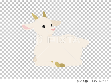 一隻可愛的白山羊坐著放鬆的向量插圖。 135160347