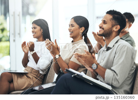 Support, businesspeople clapping audience and at meeting in a office at work. Group, achievement and happy team with applause for success or celebration in a conference in a boardroom at workplace 135160360