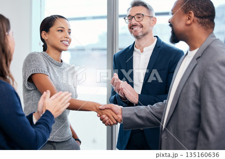 Business people, handshake and clapping in meeting celebration, success promotion or HR thank you. Corporate partnership, woman shaking hands and b2b onboarding, congratulations or career welcome Business people, handshake and clapping in meeting celebration, success promotion or HR thank you. Corporate partnership, woman shaking hands and b2b onboarding, congratulations or career welcome 135160636