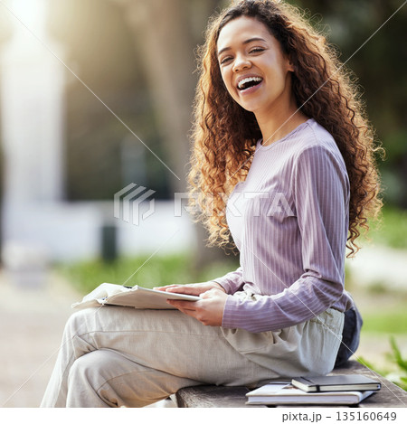 Happy woman, books and education with student on campus, learning with scholarship at university and outdoor. Female person in portrait with smile, college course material and textbook for studying Happy woman, books and education with student on campus, learning with scholarship at university and outdoor. Female person in portrait with smile, college course material and textbook for studying 135160649