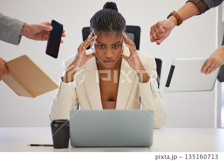Business, stress and black woman with a laptop, multitasking and anxiety with deadline, burnout and headache. Female person, employee and consultant with a pc, frustrated and professional with chaos Business, stress and black woman with a laptop, multitasking and anxiety with deadline, burnout and headache. Female person, employee and consultant with a pc, frustrated and professional with chaos 135160713