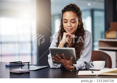 Tablet, search and business woman in office for social media, networking or website. Communication, internet and technology with female employee in digital agency for entrepreneur, email and planning Tablet, search and business woman in office for social media, networking or website. Communication, internet and technology with female employee in digital agency for entrepreneur, email and planning 135160726