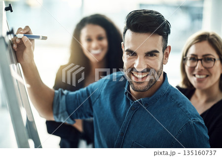 Planning whiteboard, teamwork and business portrait of happy man writing ideas, strategy or presentation proposal. Collaboration plan, smile and brainstorming group, designer or people work on design 135160737
