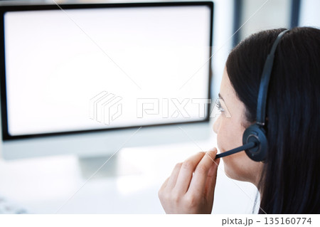Woman, call center and consulting with mockup screen in customer service, support or telemarketing at office. Female person, consultant or agent talking with headphones and mock up space at workplace 135160774