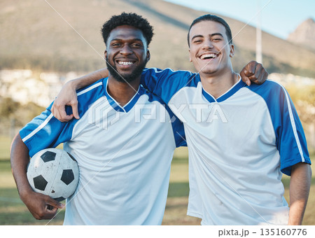Sports team, soccer ball and smile portrait on field for fitness training or game outdoor. Football player, club and diversity athlete men or friends together for competition, workout or challenge 135160776