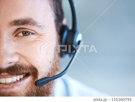 Happy man, call center and face closeup on mockup for customer service or telemarketing at office. Male person, consultant agent or virtual assistant with smile and headphones for online advice Happy man, call center and face closeup on mockup for customer service or telemarketing at office. Male person, consultant agent or virtual assistant with smile and headphones for online advice 135160793