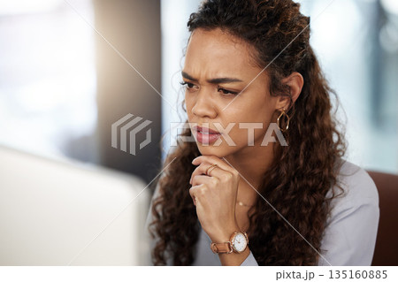 Doubt, confused or woman thinking on computer solution, research or serious job decision or planning. Reading, reviewing business ideas or frustrated analyst for problem solving on digital technology Doubt, confused or woman thinking on computer solution, research or serious job decision or planning. Reading, reviewing business ideas or frustrated analyst for problem solving on digital technology 135160885