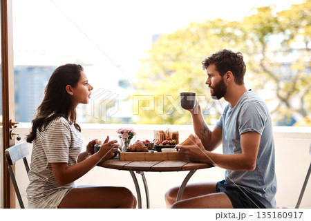 Breakfast food, home and couple argue, fight or angry over relationship problem, mistake or frustrated on apartment balcony. Divorce risk, marriage fail and people in morning conflict during brunch 135160917