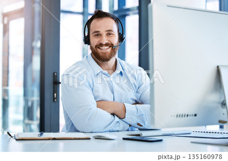 Call center, arms crossed and portrait of business man in office for customer service, communication and contact us. Help desk, advice and sales with male employee for networking and receptionist Call center, arms crossed and portrait of business man in office for customer service, communication and contact us. Help desk, advice and sales with male employee for networking and receptionist 135160978