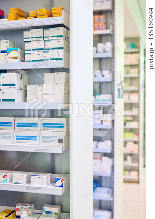 Pharmacy, shelf and boxes for healthcare, empty or pharmaceutical stock for wellness, health and interior. Shop, store and retail product with storage, choice or sale for medicine, discount and drugs Pharmacy, shelf and boxes for healthcare, empty or pharmaceutical stock for wellness, health and interior. Shop, store and retail product with storage, choice or sale for medicine, discount and drugs 135160994