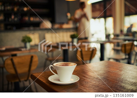 Wooden table, coffee shop mug and cafe store, restaurant or diner for commerce beverage, drink or retail shopping service. Tea cup, morning espresso or startup small business for fresh caffeine sales 135161009