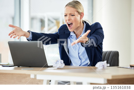 Business, screaming and woman with anger, laptop and error with connection issue, frustrated and glitch. Female person, consultant and employee with a pc, angry and shouting with a problem and stress 135161038
