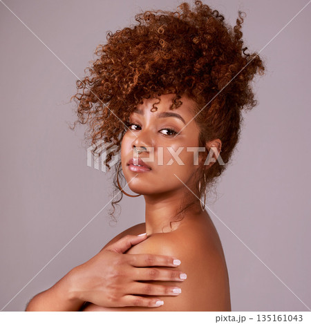 Beauty, natural and portrait of woman in studio for hair style, cosmetics or makeup. Facial, spa and glow with female model isolated on background for dermatology, self care or skincare mockup Beauty, natural and portrait of woman in studio for hair style, cosmetics or makeup. Facial, spa and glow with female model isolated on background for dermatology, self care or skincare mockup 135161043