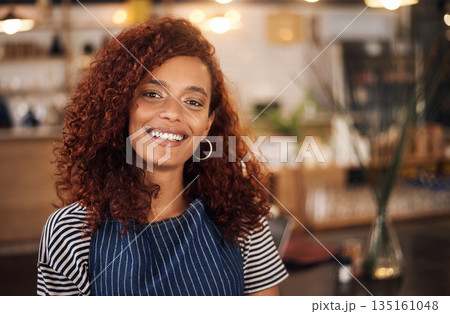 Coffee shop, barista and portrait of happy woman in cafe for service, working and smile for bistro startup. Small business owner, restaurant and face of female waitress in cafeteria ready to serve Coffee shop, barista and portrait of happy woman in cafe for service, working and smile for bistro startup. Small business owner, restaurant and face of female waitress in cafeteria ready to serve 135161048