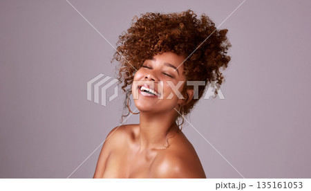 Beauty, skincare and laugh with woman in studio for hair style, cosmetics or natural makeup. Facial, happy and glow with female model isolated on background for spa mockup, self care or shine Beauty, skincare and laugh with woman in studio for hair style, cosmetics or natural makeup. Facial, happy and glow with female model isolated on background for spa mockup, self care or shine 135161053