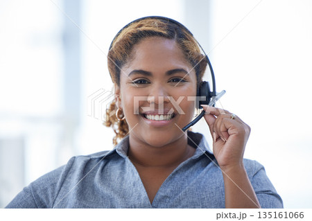 Face, smile and headset on call center woman as telemarketing, crm or sales agent. African person or support consultant portrait with microphone for customer service, contact us or help desk startup Face, smile and headset on call center woman as telemarketing, crm or sales agent. African person or support consultant portrait with microphone for customer service, contact us or help desk startup 135161066
