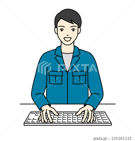作業服姿で笑顔でパソコン操作をする明るい男性のイラスト 作業服姿で笑顔でパソコン操作をする明るい男性のイラスト 135161115