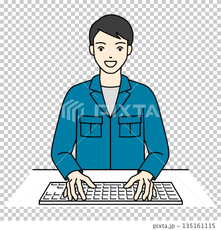 作業服姿で笑顔でパソコン操作をする明るい男性のイラスト 作業服姿で笑顔でパソコン操作をする明るい男性のイラスト 135161115