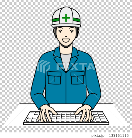 ヘルメット姿で笑顔でキーボード操作を行う作業員のイラスト ヘルメット姿で笑顔でキーボード操作を行う作業員のイラスト 135161116