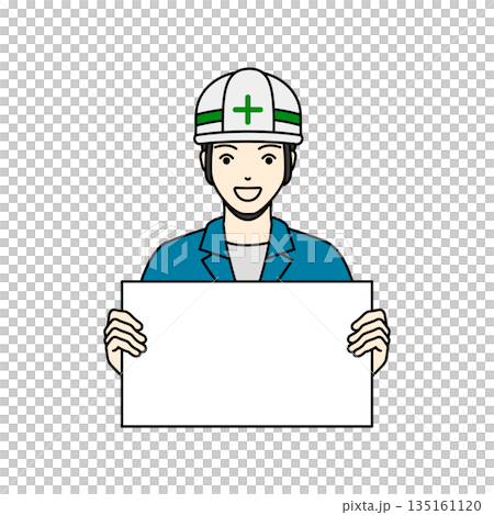 Illustration of a man in work clothes wearing a helmet and holding a white board 135161120