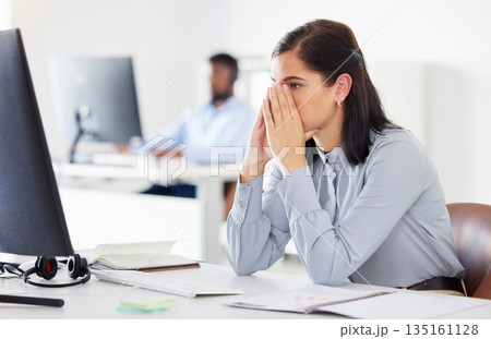 Woman, frustrated and working on computer with customer service, support online crm consulting. Businesswoman, anxiety and stress at work with communication, email or internet mistake in office Woman, frustrated and working on computer with customer service, support online crm consulting. Businesswoman, anxiety and stress at work with communication, email or internet mistake in office 135161128