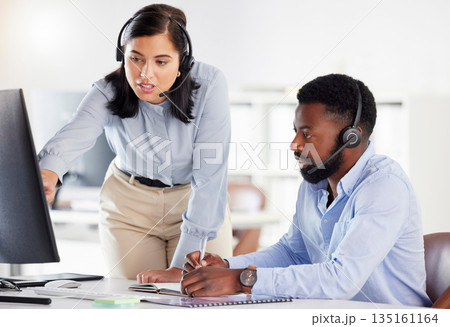 Call center, manager helping agent and training with mentor, telemarketing and customer service. Staff, black man and woman with computer, advice for system and tech support with conversation and crm Call center, manager helping agent and training with mentor, telemarketing and customer service. Staff, black man and woman with computer, advice for system and tech support with conversation and crm 135161164