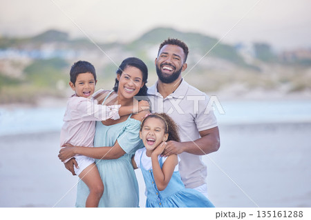 Family, parents or portrait of happy children on beach to travel with joy, smile or love on holiday vacation. Mom, funny or father with kids laughing in Mexico with happiness bonding together at sea Family, parents or portrait of happy children on beach to travel with joy, smile or love on holiday vacation. Mom, funny or father with kids laughing in Mexico with happiness bonding together at sea 135161288