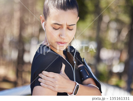 Shoulder pain, runner or woman with injury, joint or bad body ache in fitness training or workout. Tension in bruised arms, sore muscles or injured sports girl in accident, agony or emergency in park Shoulder pain, runner or woman with injury, joint or bad body ache in fitness training or workout. Tension in bruised arms, sore muscles or injured sports girl in accident, agony or emergency in park 135161331