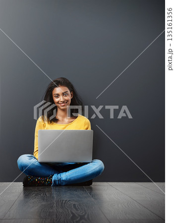 Woman in portrait, laptop and tech, student typing with education, mockup space and connectivity. Elearning, smile and female person studying online, research for project and internet connection 135161356