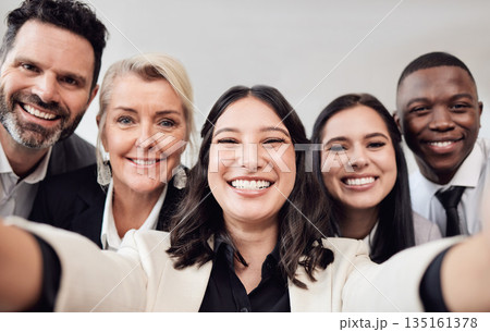 Selfie, teamwork and portrait with business people in office for social media, networking and friends. Collaboration, happy and solidarity with employee for diversity, team building and partnership Selfie, teamwork and portrait with business people in office for social media, networking and friends. Collaboration, happy and solidarity with employee for diversity, team building and partnership 135161378