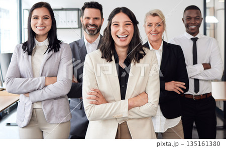 Happy, crossed arms and portrait of business people in office with confidence for teamwork and collaboration. Diversity, professional and group of employees with corporate manager in the workplace. 135161380