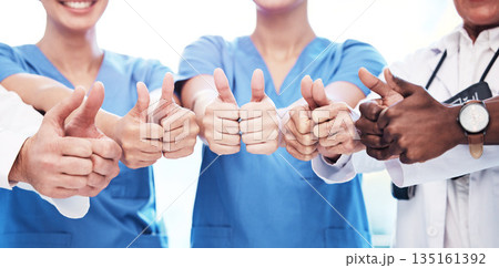 Thumbs up, success and doctors for teamwork, healthcare support and excellence in hospital services. Nurses, medical diversity and group of people people like, yes and thank you or ok hands or emoji Thumbs up, success and doctors for teamwork, healthcare support and excellence in hospital services. Nurses, medical diversity and group of people people like, yes and thank you or ok hands or emoji 135161392