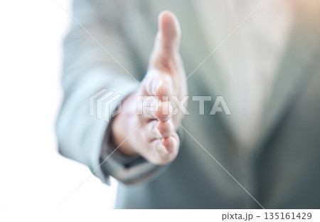 Businessman, handshake and meeting for introduction, hiring or welcome in thank you at the office. Hand of man employer shaking hands for b2b agreement, deal or teamwork in recruiting at workplace 135161429