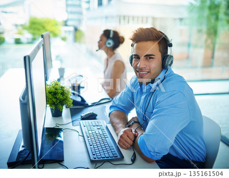 Happy businessman, portrait and call center for customer service, support or telemarketing at office. Friendly man person, consultant or agent with smile on computer for online advice in contact us Happy businessman, portrait and call center for customer service, support or telemarketing at office. Friendly man person, consultant or agent with smile on computer for online advice in contact us 135161504