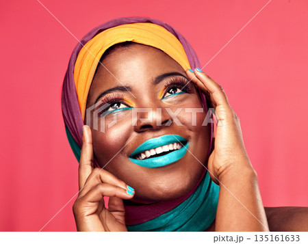 Makeup, beauty and scarf with smile and black woman in studio for creative, art and culture. Fashion, cosmetics and natural with face of model isolated on pink background for african and color Makeup, beauty and scarf with smile and black woman in studio for creative, art and culture. Fashion, cosmetics and natural with face of model isolated on pink background for african and color 135161633