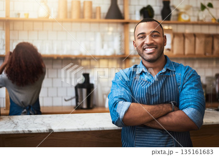 Cafe, crossed arms and portrait of black man barista for service, working and coffee shop startup. Small business owner, restaurant and professional male waiter smile in cafeteria ready to serve Cafe, crossed arms and portrait of black man barista for service, working and coffee shop startup. Small business owner, restaurant and professional male waiter smile in cafeteria ready to serve 135161683